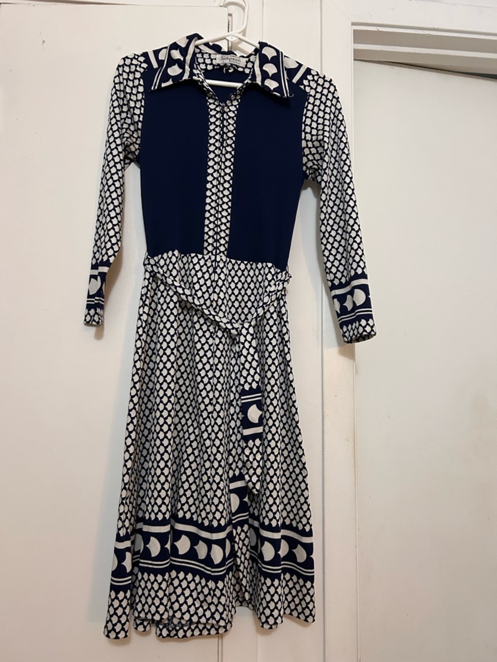 Women's Navy White Patterned Long Sleeve Dress Vintage Simpson Piccadilly France